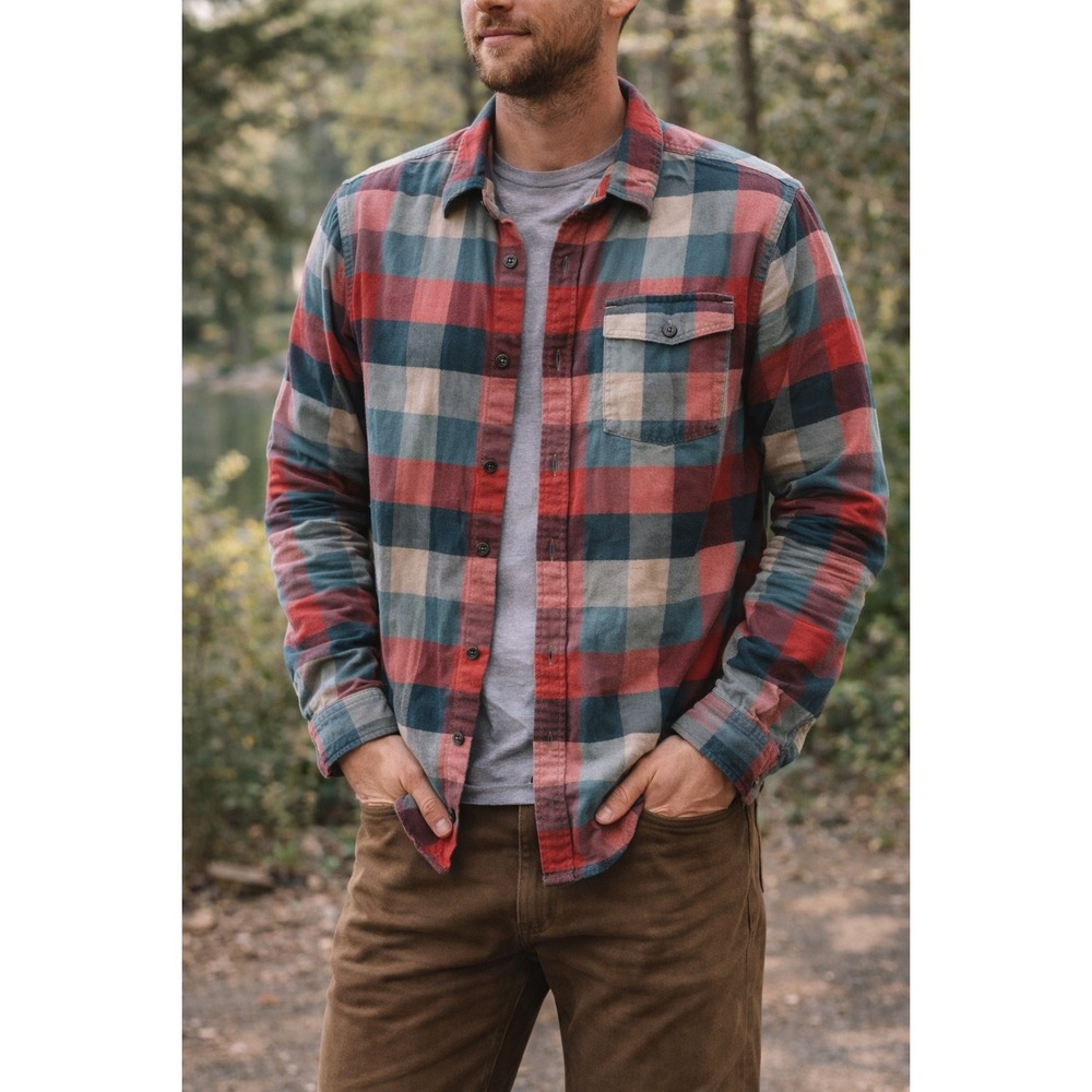 Patagonia Organic Cotton Plaid Flannel Button Down Shirt Outdoor Red Rugged SZ L